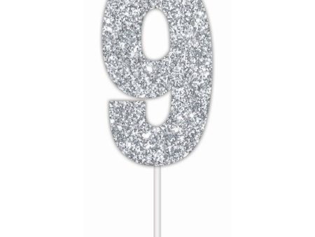 Cake Toper Number Glitter Silver 9 Fashion