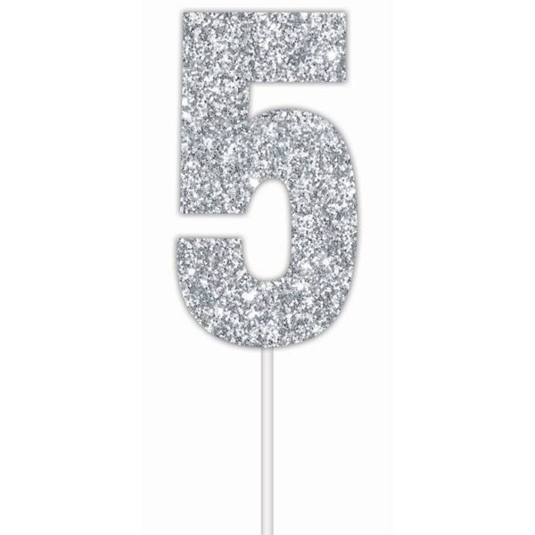 Cake Toper Number Glitter Silver 5 Hot on Sale