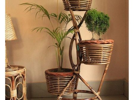 Swadeshi Bamboo Rattan Cane Bamboo Flower Pot Stand for Living Room, Decor, Balcony Large planter, with 3-plant pot stand (set of1) For Cheap