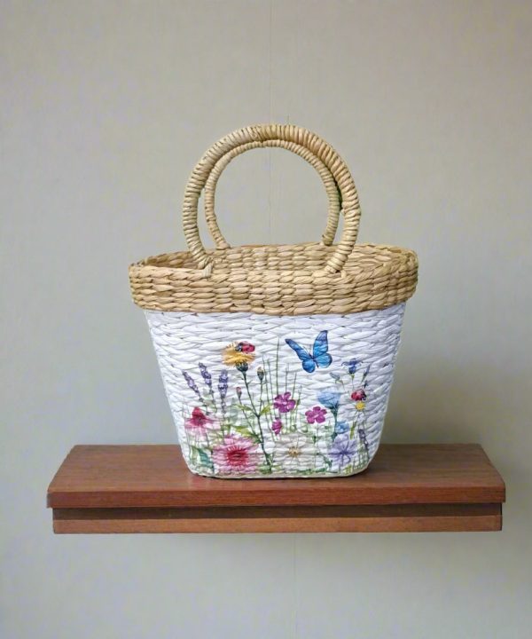 Handwoven floral printed straw Picnic bag-basket For Cheap