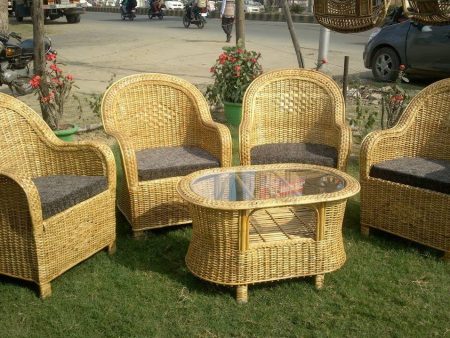 Outdoor Bamboo Cane Sofa Chair for Home, Office, Garden & Balcony (Set of 4 Chair with cushion & table) For Discount